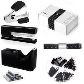GTOTd Black Office Supplies Desk Accessory Kit,Set of Stapler,Tape Dispenser,Staple Remover,1000pcs Staples,Tape Measure and 72Pcs Office Supplies