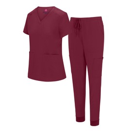 Natural Uniforms Womens Essential Cool Stretch Jogger Scrub Set (Burgundy, Medium)