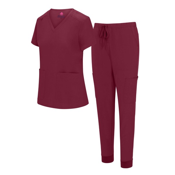 Natural Uniforms Womens Essential Cool Stretch Jogger Scrub Set (Burgundy,