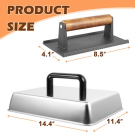 14 Inch Rectangular Melting Dome & Grill Press Kit for Blackstone Accessories, Stainless Steel Cheese Basting Cover and Cast Iron Bacon Burger Press for Flat Top Griddle Grill