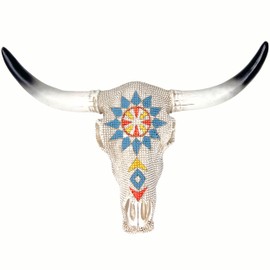 BestGiftEver Wall Sculpture White Beaded Bull Skull with Tribal Aztec Patterns - Steer Head Southwestern Rustic Wall Decor - Cow Skull Western Native American Home Decor for Hunting Enthusiasts
