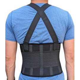 Adjustable Lower Back Support Belt with Suspenders - Heavy Duty Work Brace for Men & Women - Industrial Strength Lumbar Protection for Construction, Warehouse, Moving & Physical Labor Safety, XXL