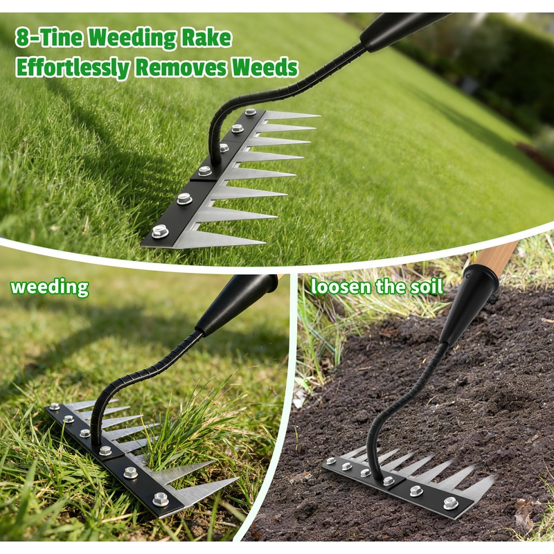 ATLRGISL Iron Weeding Rake with Wooden Long Handle 2.0, 8