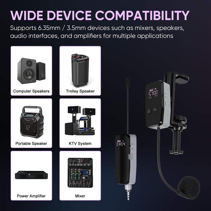 MICNAUX UHF Wireless Violin Microphone System, Rechargeable Clip-on Instrument Microphones