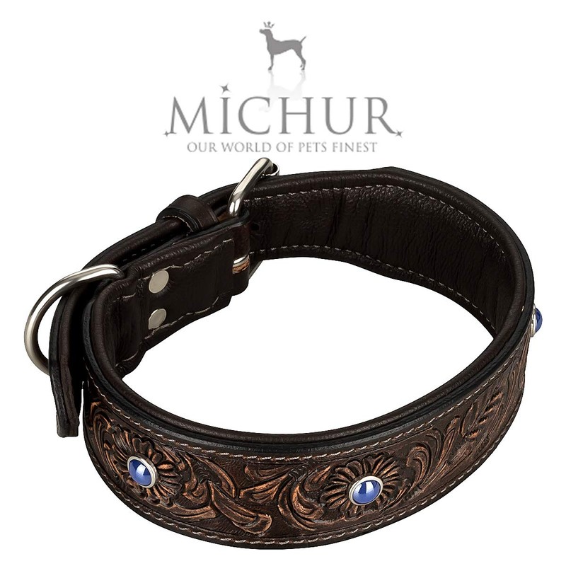 Michur Antonio Leather Dog Collar Brown Leather with Blue Stones
