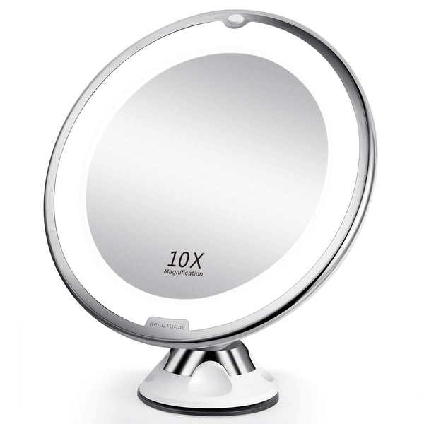 BEAUTURAL 10X Magnifying Makeup Mirror with LED, Lighted Magnifying Vanity Makeup Mirror for Home Tabletop Bathroom Shower Travel, 360 Degree Rotation, Powerful Suction Cup