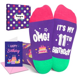 HAPPYPOP 11th Birthday Gifts Ideas - Socks for Kids Age 11, Eleven Year Old Gifts for Tween with Greeting Card