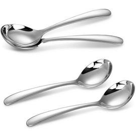 KEAWELL Premium 7.3 Inches Soup Spoons with Hook Handle, Set of 4, 18/10 Stainless Steel, Deep Bowl, Perfect for Ramen, Pho, Miso, Dumplings, Noodles, Wonton, Dishwasher Safe (Round-Handle)