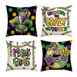 AVOIN colorlife Mardi Gras Fleur de Lis Beads Mask Throw Pillow Covers, 18 x 18 Inch We Don't Hide The Crazy We Parade It Holiday Cushion Case Decoration for Sofa Couch