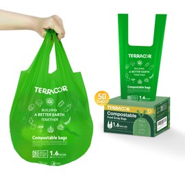 TERRACOR Compost Bags,1.6 Gallon,50 Count,Handle Tie Food Scrap Compost Bags for Countertop Bin,BPI Certified and ASTM D6400 Standard
