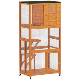 PawHut 74" Wooden Catio Outdoor Cat Enclosure Weatherproof & Wheeled, Outside Cat House with High Weight Capacity, Kitten Cage Condo, Orange