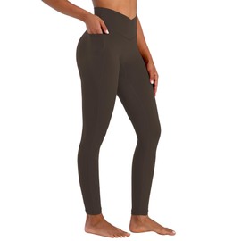 Sunzel Butt Lifting Scrunch Leggings for Women with Pockets No Front Seam Crossover Workout Booty Yoga Pants Tummy Control 28" Inseam Seal Brown Large