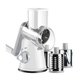 Ancevsk Rotary Cheese Grater, Manual Round Mandoline Vegetable Slicer with 3 Interchangeable Blades, Safe Food Shredder Nut Grinder for Potato, Carrot, Garlic, Walnut (White)