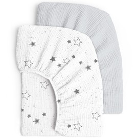 Set of 2 Children's Fitted Sheets, Muslin Cotton Fitted Sheet for Baby Cot and Cot, 60 x 120 cm / 70 x 140 cm, Travel Cot Fitted Sheet, Side Cot, Sheets (Star Grey, 60 x 120 cm)