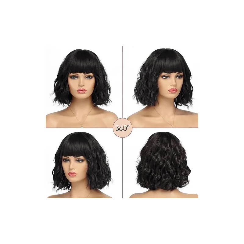 Pelucas Para Mujer Ondulada Corto Pelo Negra Cabello Natural