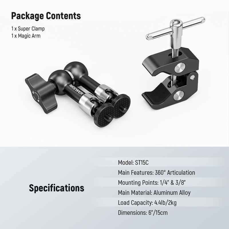NEEWER 6"/15cm Adjustable Magic Arm with Super Clamp, 1/4" &