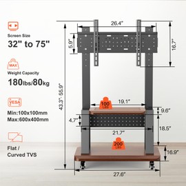 Mobile TV Cart Rolling TV Stand with Pegboard Storage for 32-75 Inch Screens up to 180 lbs, Height Adjustable Heavy-Duty Portable Floor TV Stand on Lockable Wheels with Shelf Max VESA 600x400mm