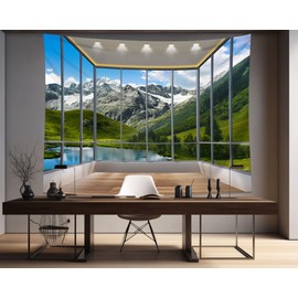 dueeia Window Tapestry Wall Hanging Mountain Forest Lake Nature Landscape Wall Tapestries for Bedroom Office Living Room Wall Decor (90.6"x70.9")