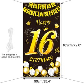 DPKOW Black Gold 16th Birthday Decoration for Boy Girl, Black Gold 16th Birthday Banner for Background Door Decoration, 16th Birthday Door Banner for Garden Table Wall Decoration, 185 x 90 cm Fabric