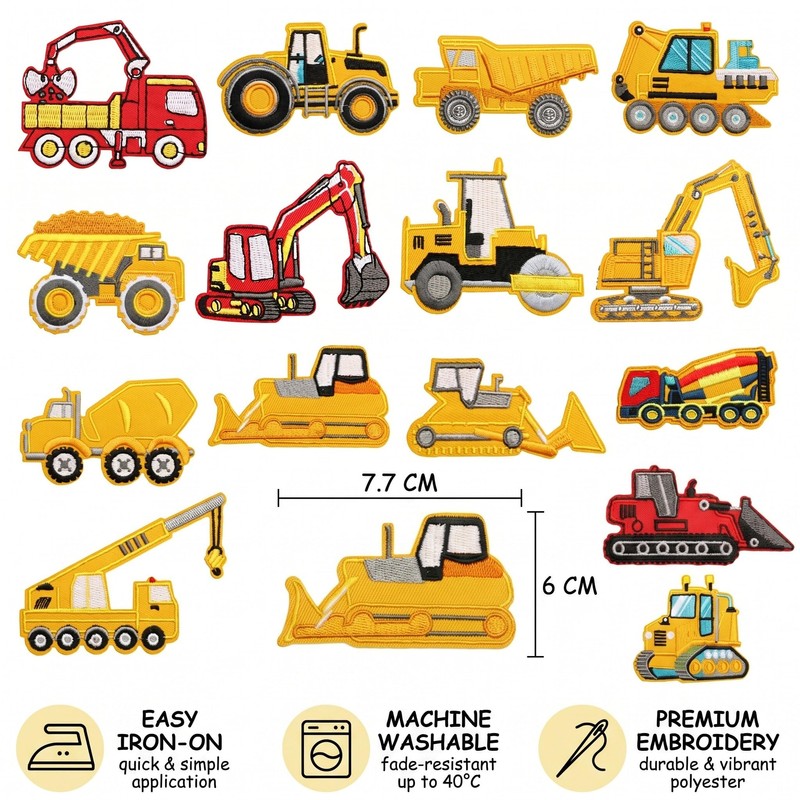 Toppe Termoadesive Bambini 16 Pezzi Patch per Veicoli da Cantiere