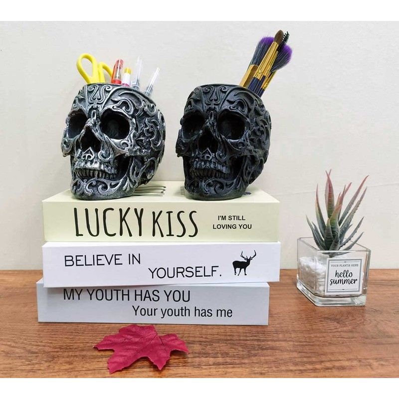 CUZOKOLA Goth Accessories Black Skull Decor for Pen Holder with