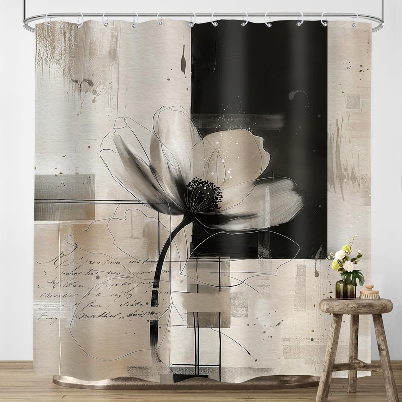 LIGHTINHOME Abstract Flower Shower Curtain 72x72 Black Tan Bathroom Decor