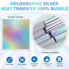 VINYL FROG Holographic Heat Transfer Vinyl Bundle 8 Sheets 12x10 Silver Glitter Iron on Vinyl Pack for Cameo for DIY T-Shirts and Heat Press Designs