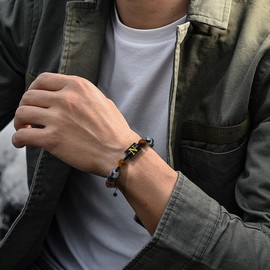 Yifnny Initial Bead Bracelet for Men, Tiger Eye Black Obsidian 8MM Beads Bracelet Adjustable Black Letter Beaded Stone Bracelet Jewelry Alphabet Beads Birthday Father Gifts for Men (N)