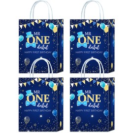 16 Pieces Baby Boy 1st Birthday Party Favors Bags,Mr Onederful First Birthday Gift Snacks Treat Candy Favors Bags with Handles for Boys 1st Birthday Party Decorations