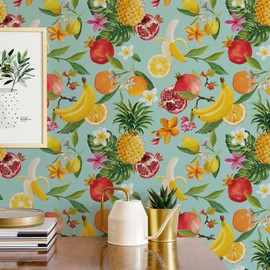 CHIHUT 17.7”x472” Citrus Lemon Wallpaper Stick and Peel Self Adhesive Removable Vinyl Wallpaper Bright Fruit Floral Light Blue Contact Paper Decorative for Bathroom Bedroom Nursery Wall Decor