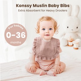 Konssy Muslin Baby Bibs for Girls – Soft 100% Cotton Drool Bibs, Ruffle Trim for Newborns & Toddlers 0-36 Months 3-Pack