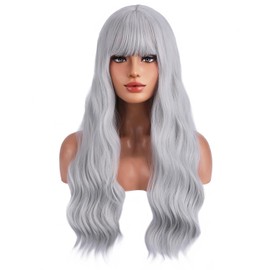 BERON 26 Inches Silver Grey Wig with Bangs Silver Grey Long Curly Wigs for Women Daily Party and Cosplay Hairnet Include