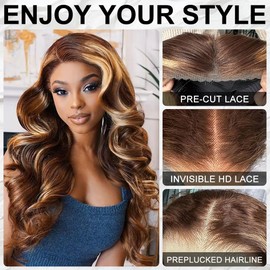28in Ombre Lace Front Wig Human Hair 7x5 Ombre Glueless Wigs Human Hair Pre Plucked Pre Cut 4/27 Highlight Body Wave Wig 220 Density Blonde Highlight Wig Human Hair For Women Brown and Blonde Wigs