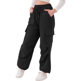 Rolanko Pantaloni Sportivi da Ragazza, con Elastico in Vita Pantaloni da Jogging Attivi Unisex con Tasche Cargo, Nero, 13-14 Anni, 170