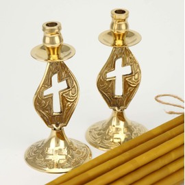 Cross Design Orthodox Candle Holders - Set of 2 Candlesticks + 20 pcs Pure Beeswax Church Candles | Prayer Corner | Home Altar