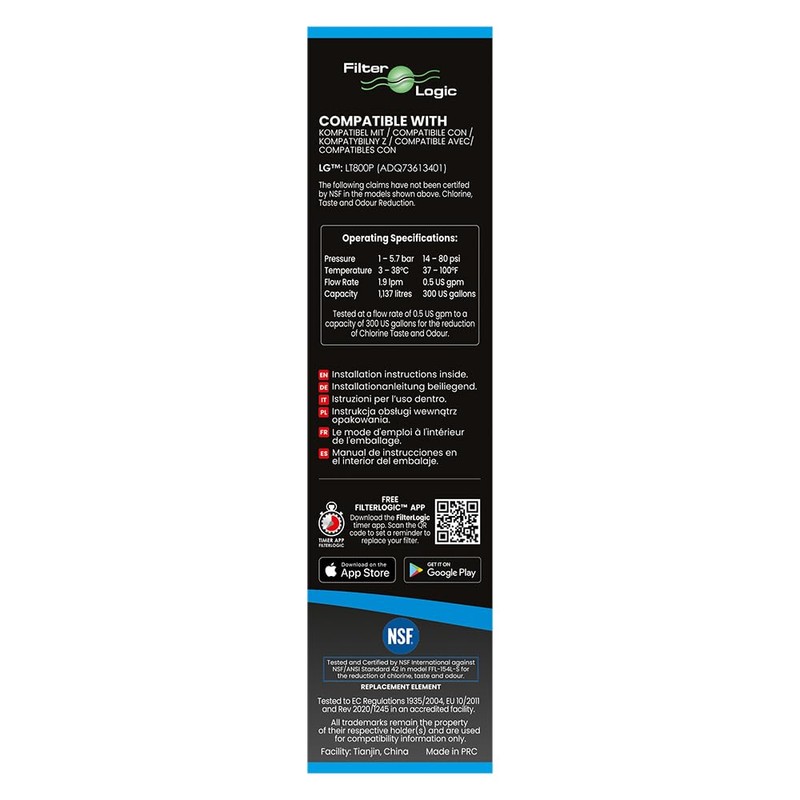 FilterLogic FFL-154L Fridge Water Filter Compatible with LG LT800P,ADQ73613401