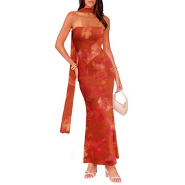 LUXVEER Wedding Guest Dresses for Women Strapless Maxi Long Party Club Dresses 2025 Summer Bodycon Cocktail Mesh Floral Dress Red S