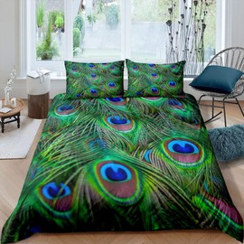 Loussiesd Boho Style Peacock Feather Bedding Set Woman Peacock Duvet Cover Set For Girls Teens Youth,Bohemian Exotic Theme Comforter Cover 3D Green Print,Decorative 2Pcs Single Size Lightweight