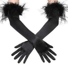 Coucoland Long Opera Gloves Satin Feather Gloves 1920s Style Bridal Fancy Dress Gloves Wedding Prom Opera Gloves Elbow Length Classic Gloves