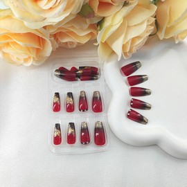 Coffin Press on Nails Medium Black Gradient Acrylic False Nails with Glitter Sequins Design Rhinestones Glue on Nails Claret Full Cover Coffin Nails Press ons Glossy Stick on Nails for Women 24Pcs