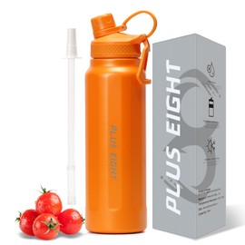 pluseight 32 oz Insulated Water Bottle With Straw, Stainless Steel Water Bottle Wide Mouth for Sports, Gym or Office, BPA-Free Keep Cold 24H Hot 12H (Orange)