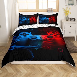 Teens’ Gamer Duvet Cover 135 x 200, Boys’ Gaming Joysticks, Reversible Bedding Set, Children's Game Console Comforter Cover, Gamepad, Video Games Bedspreads, Old Retro Gaming Machine, Bedroom Decor, Red/Blue