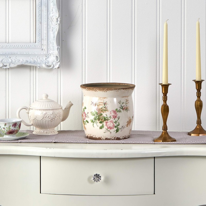 Nearly Natural 8in. Tuscan Ceramic Floral Print Planter