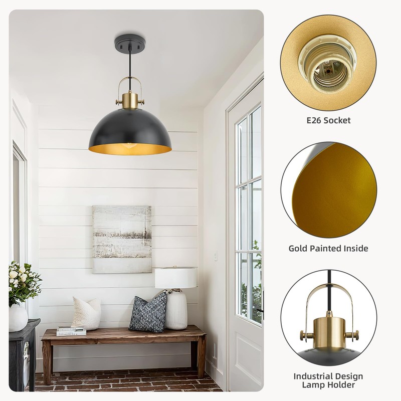 AURYNIX 12 Inch Farmhouse Pendant Lights, Black, 3 Pack