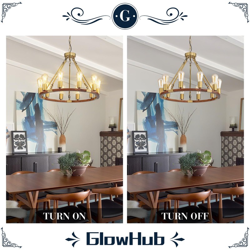 Wagon Wheel Chandelier Gold 10-Light Farmhouse Pendant Light Wood Grain
