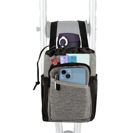 JDVBDNK Crutch Pouch, Water-Resistant Crutches Accessories Bag, Lightweight Storage Tote Bag with Drink Holder and Zipper For Universal Crutches, Underarm Crutches Attachment