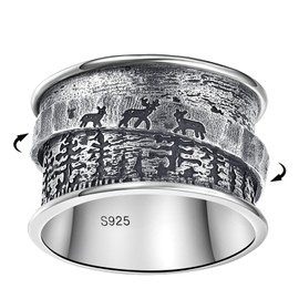 BONLAVIE Spinner Ring Women's Tree of Life/Three Bears and Pines/Three Deer and Pine Ring Silver 925, Wide Band Ring, Anxiety Ring, Silver Ring 925 Women, Vintage Ring Women, Rings Women, Size: