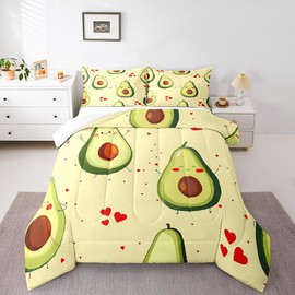 Manfei Cute Avocado Comforter Set Full Size Lovely Fruits Theme Bedding Set 3pcs for Kids Boys Girls Room Decor, Red Love Hearts Print Quilt Set Modern Fashion Duvet Set with 2 Pillowcases