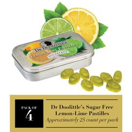 Dr. Doolittle’s Sugar Free Soft Fruit Pastilles for Voice and Throat, Lemon Lime Flavor, 2.12 Ounce Tin, Approximately 25 Count Package, 4 Pack