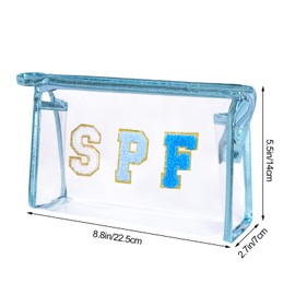 Hmxpls Clear Preppy Patch Makeup Bag, SPF Chenille Letter Bag for Beach, Clear Pouch with Zipper, Preppy Travel Bags Clear Cosmetic Toiletry Bag for Women Girls Teens (Blue)